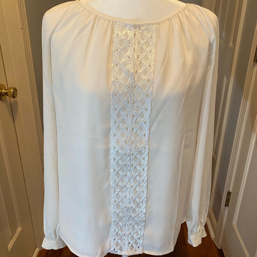 White House Black Market Cream Blouse with Intricate Lace